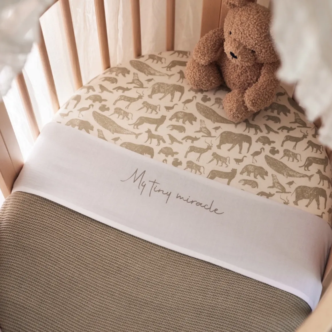 Jollein Hoeslaken Wieg Jersey Animals Olive Green 40X80Cm