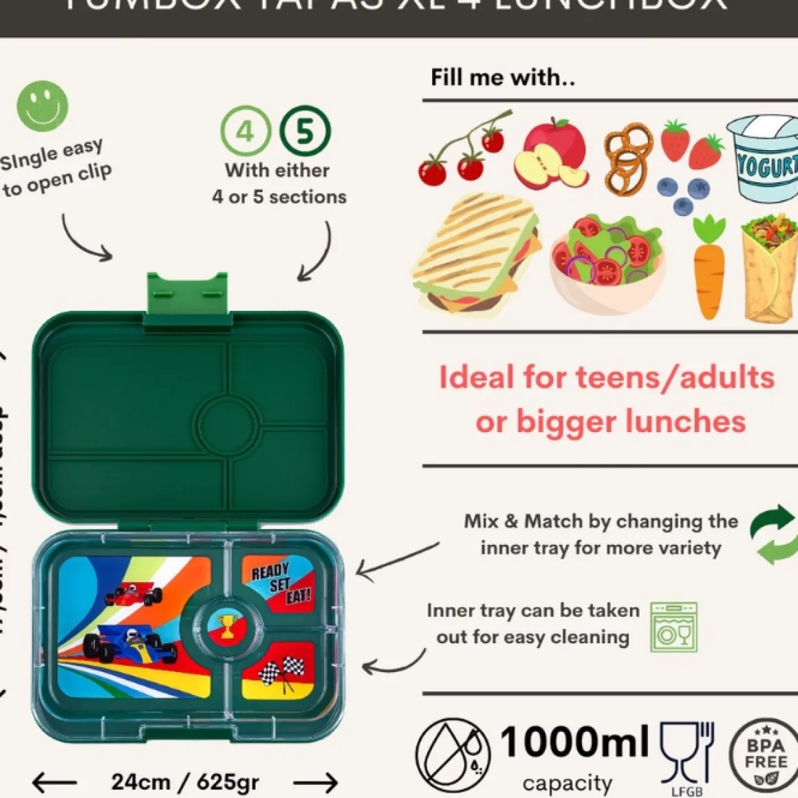 Yumbox Lunchbox Bento Greenwich/Race Cars 4 Vakken